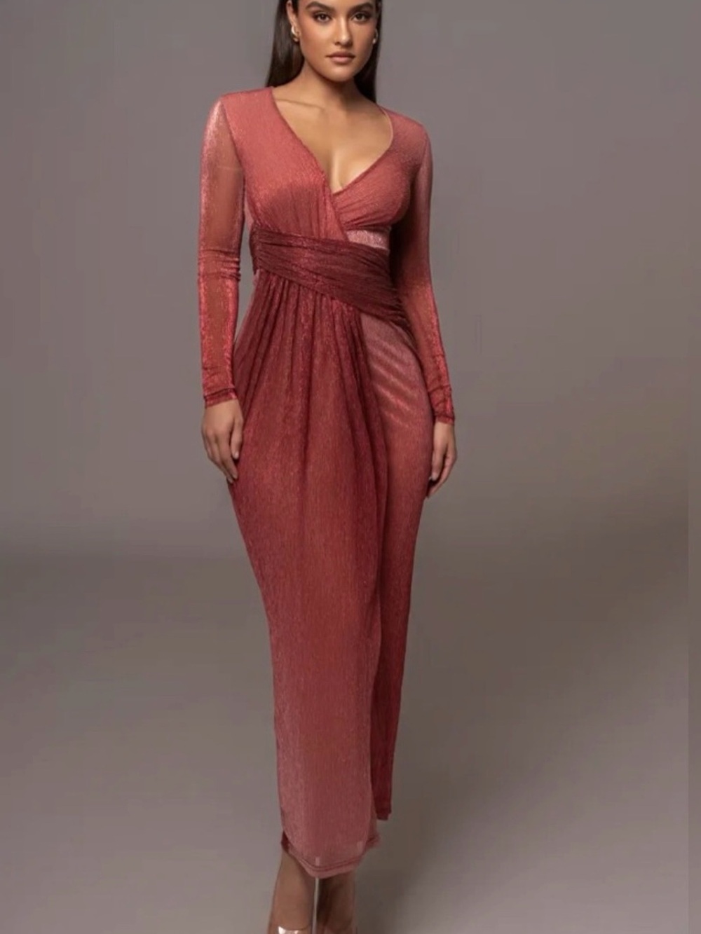 JLUXLABEL Long-Sleeve Rust Pink Wrap Maxi Dress